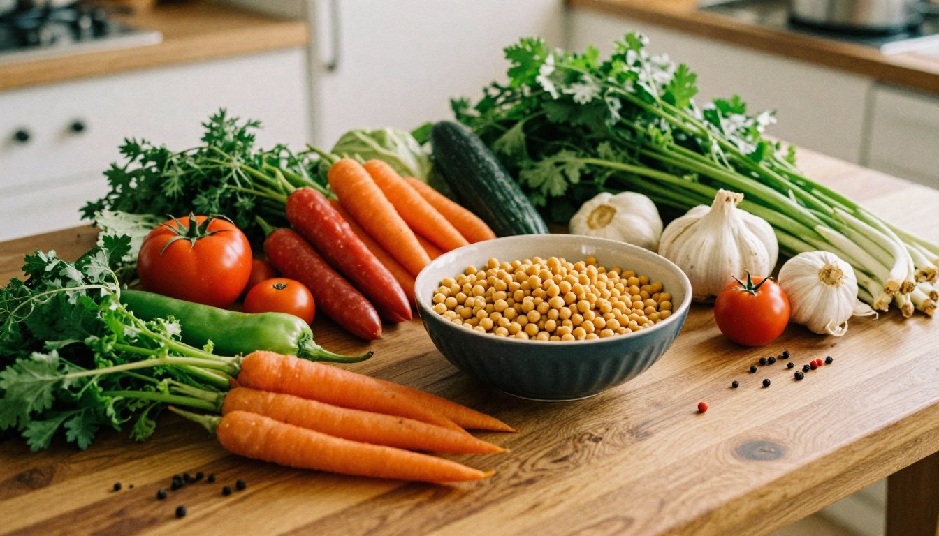 Οι σοφές συνταγές της γιαγιάς με ρεβίθια — Όταν η οικονομία συναντά τη γεύση 3 Μια μαγειρική σκηνή στην κουζίνα με υλικά για συνταγές ρεβιθιών