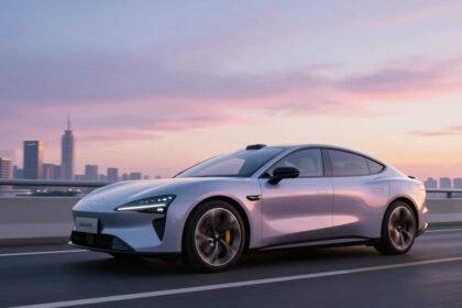 Ηλεκτρικό αυτοκίνητο σε σύγχρονη αστική τοποθεσία