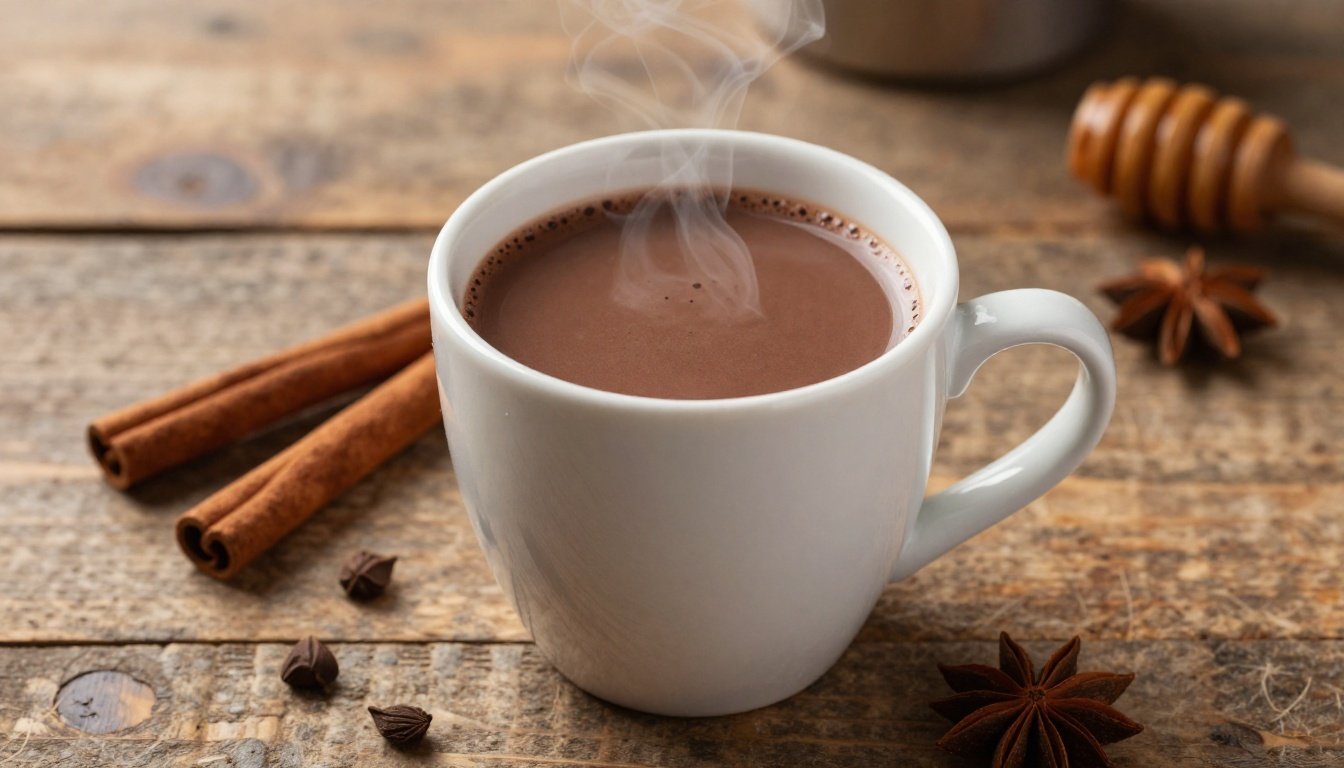 Ένα ζεστό ρόφημα σοκολάτας σε μια ξύλινη επιφάνεια, περιτριγυρισμένο από υγιεινά υλικά.