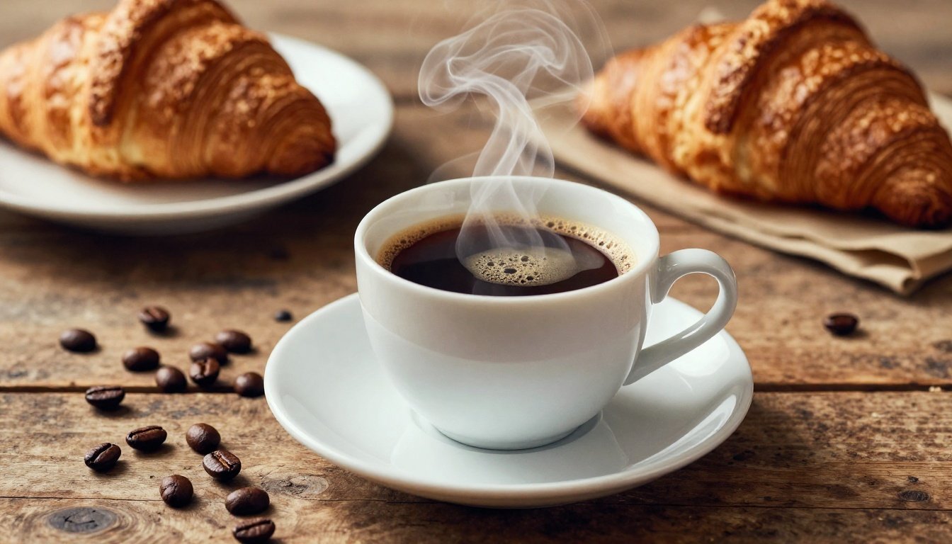 Κοντινή φωτογραφία κούπας καφέ με κρουασάν
