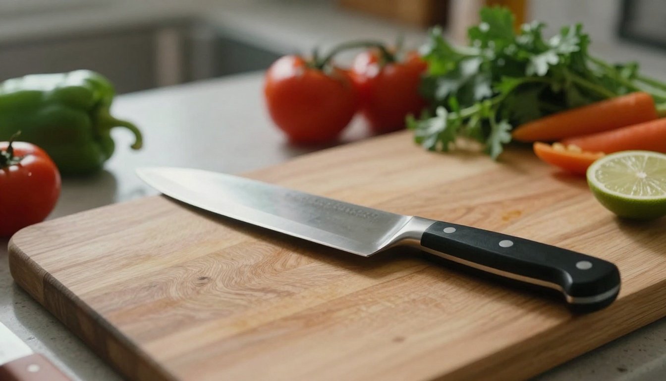 Ένα μαχαίρι και φρέσκα υλικά σε κουζίνα