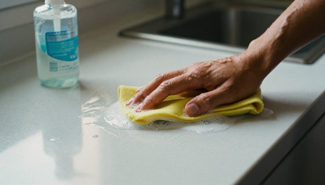 Άτομο που καθαρίζει τον πάγκο της κουζίνας με απορρυπαντικό πιάτων