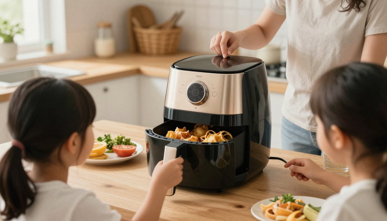 Μια οικογένεια ετοιμάζει φαγητό με air fryer