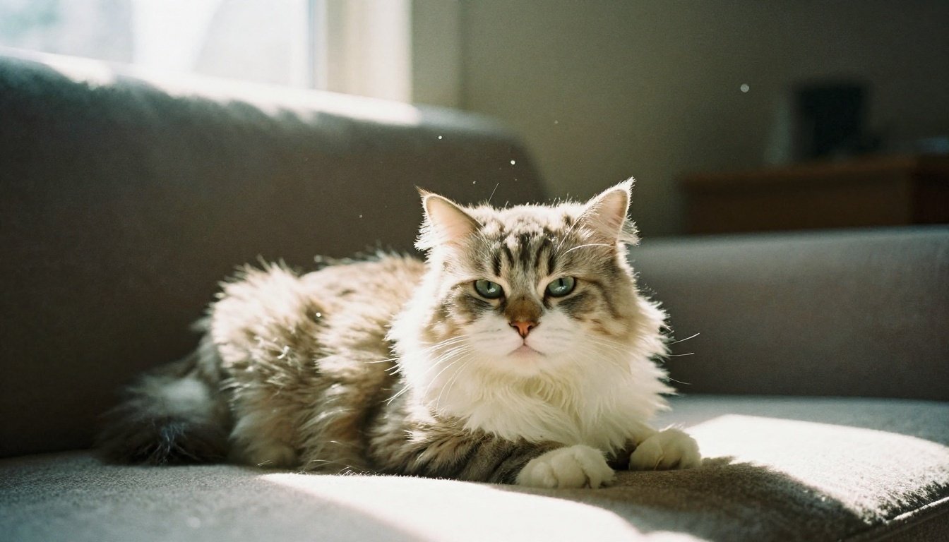 Ιδιοκτήτης γάτας βουρτσίζει τη γάτα του στο σαλόνι