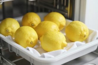 Λεμόνια στο πλυντήριο πιάτων με καθαρά σκεύη.