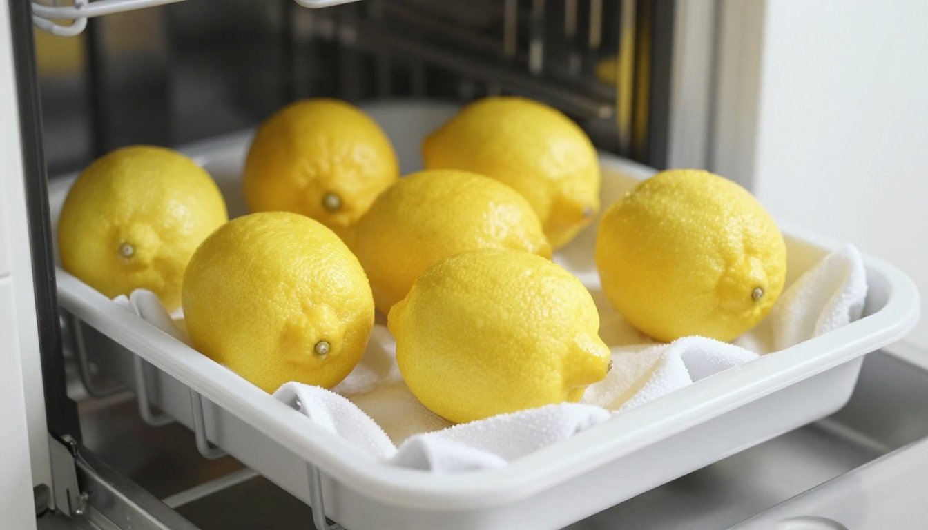 Λεμόνια στο πλυντήριο πιάτων με καθαρά σκεύη.