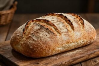 Φρέσκο ψωμί σε ξύλινη επιφάνεια, εστίαση στην υφή και τη ζεστασιά του.