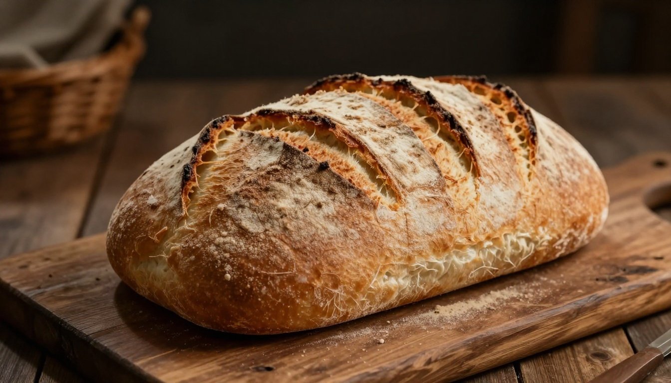 Φρέσκο ψωμί σε ξύλινη επιφάνεια, εστίαση στην υφή και τη ζεστασιά του.
