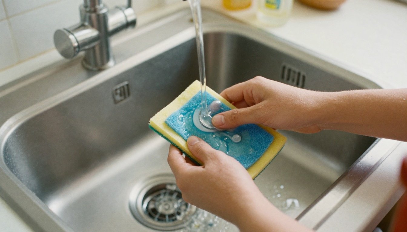 Ένας άνθρωπος καθαρίζει τον νεροχύτη της κουζίνας με χλωρίνη