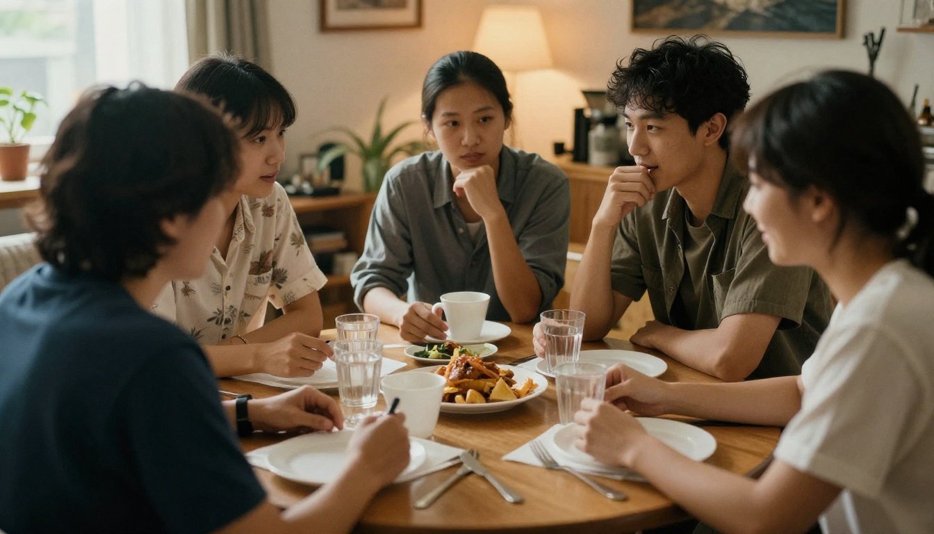 Φίλοι σε ευχάριστη συγκέντρωση σε ζεστό δωμάτιο