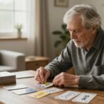 Ηλικιωμένος συμμετέχοντας σε δοκιμή μνήμης στο σπίτι με αρωματικές κάρτες.