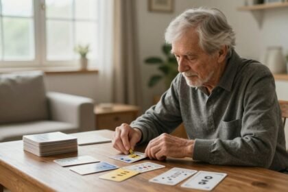 Ηλικιωμένος συμμετέχοντας σε δοκιμή μνήμης στο σπίτι με αρωματικές κάρτες.