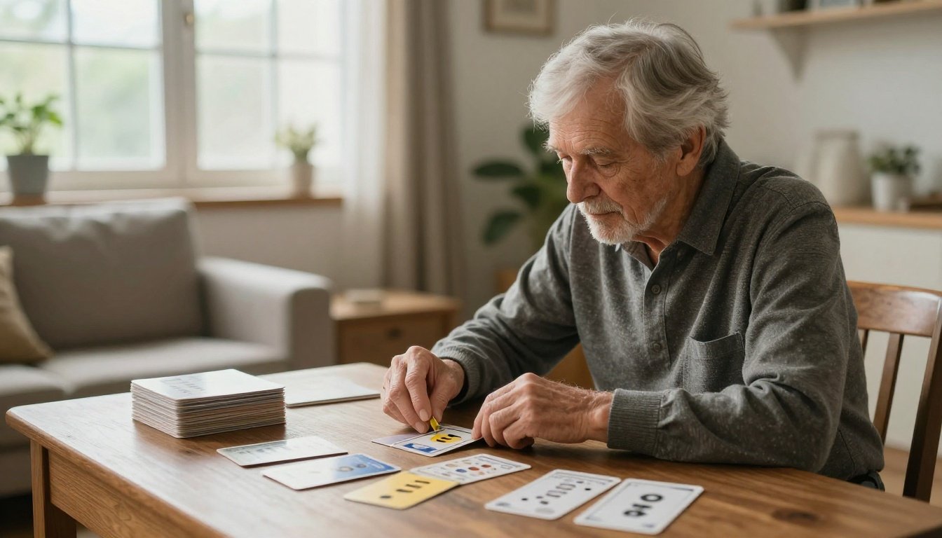 Ηλικιωμένος συμμετέχοντας σε δοκιμή μνήμης στο σπίτι με αρωματικές κάρτες.