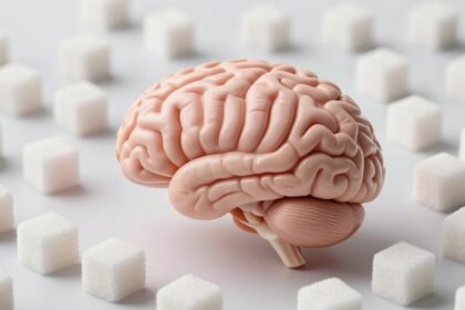Εικόνα του εγκεφάλου περιτριγυρισμένου από ζάχαρη, συμβολίζοντας τον αντίκτυπο της ζάχαρης στην υγεία του εγκεφάλου.