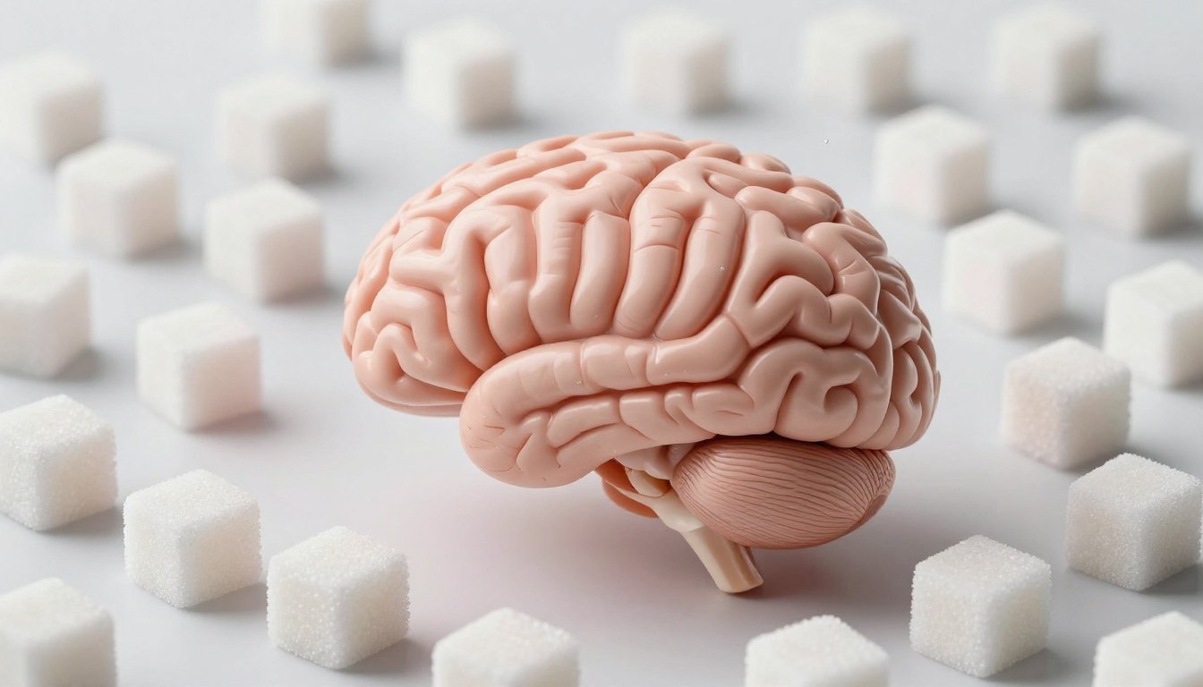 Εικόνα του εγκεφάλου περιτριγυρισμένου από ζάχαρη, συμβολίζοντας τον αντίκτυπο της ζάχαρης στην υγεία του εγκεφάλου.