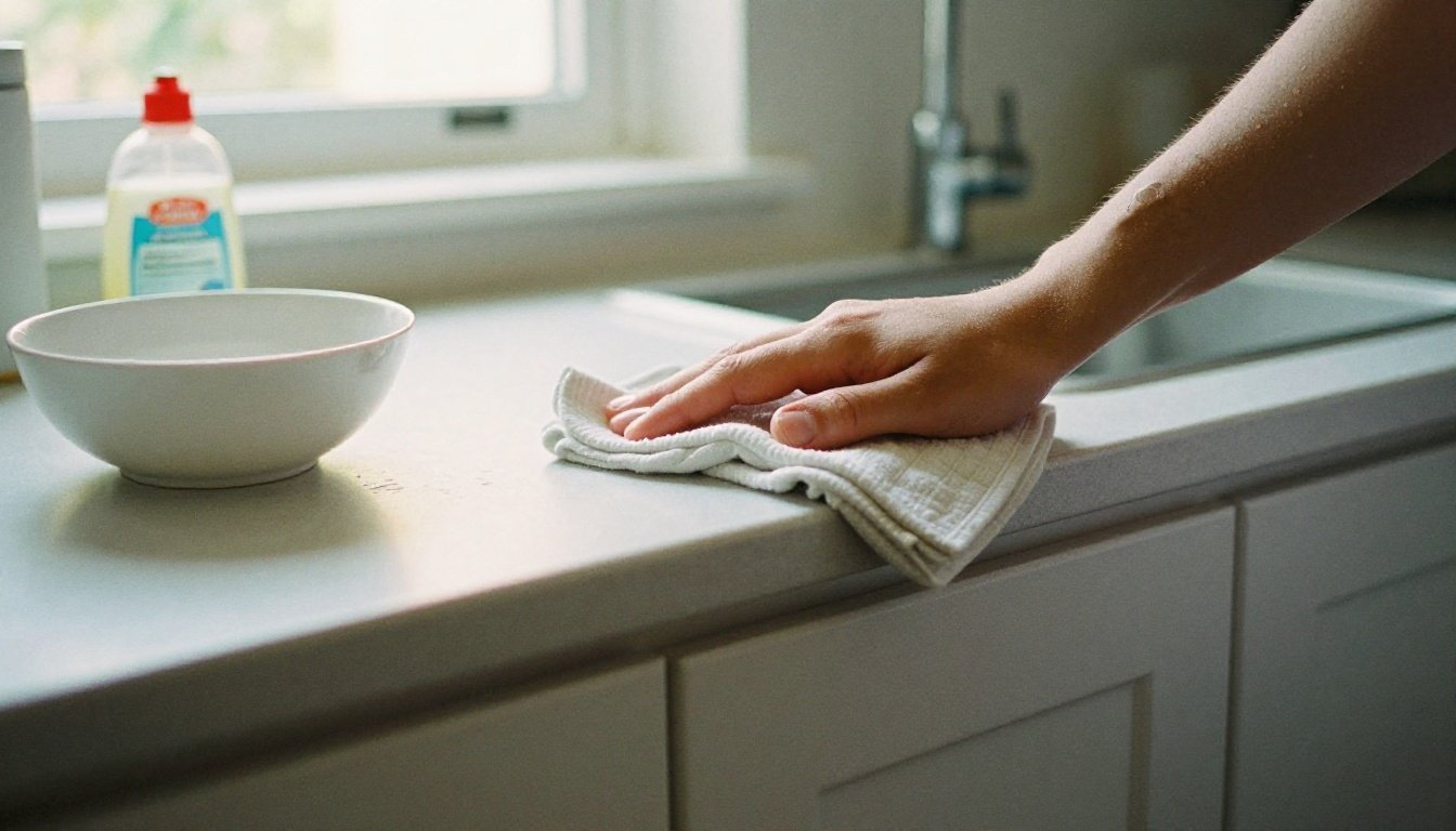 Άτομο καθαρίζει ντουλάπια κουζίνας με μαλακό πανί
