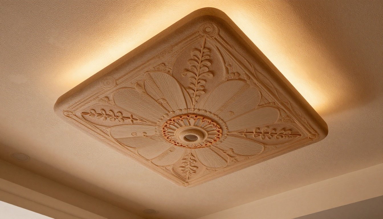 Διακόσμηση ταβανιού με πολύχρωμα σχέδια και ζεστές υφές.