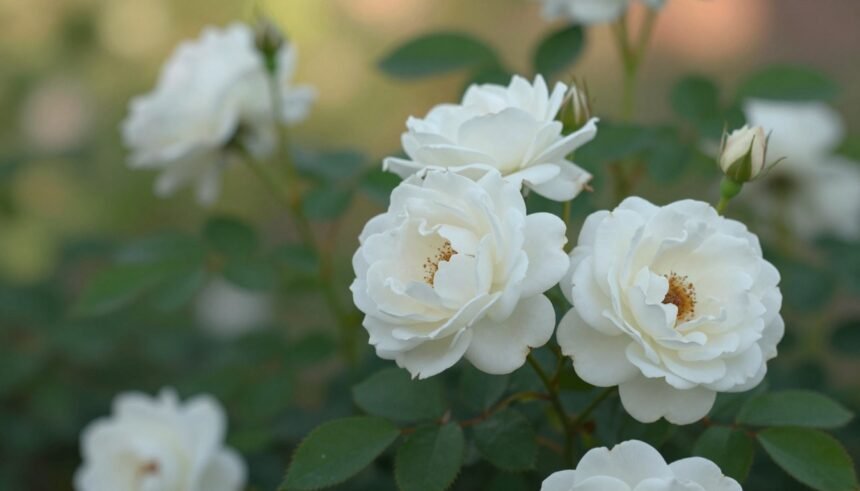 Η τριανταφυλλιά Iceberg Rose με λευκά άνθη σε πράσινο φόντο.