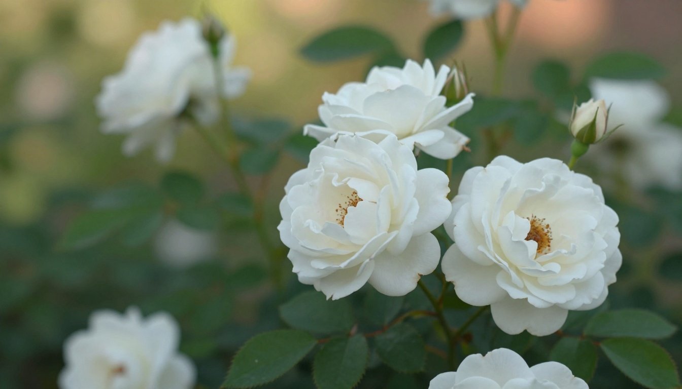 Η τριανταφυλλιά Iceberg Rose με λευκά άνθη σε πράσινο φόντο.
