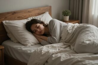 Μια ήρεμη κρεβατοκάμαρα που απεικονίζει τη σημασία της στάσης ύπνου στους εφιάλτες.