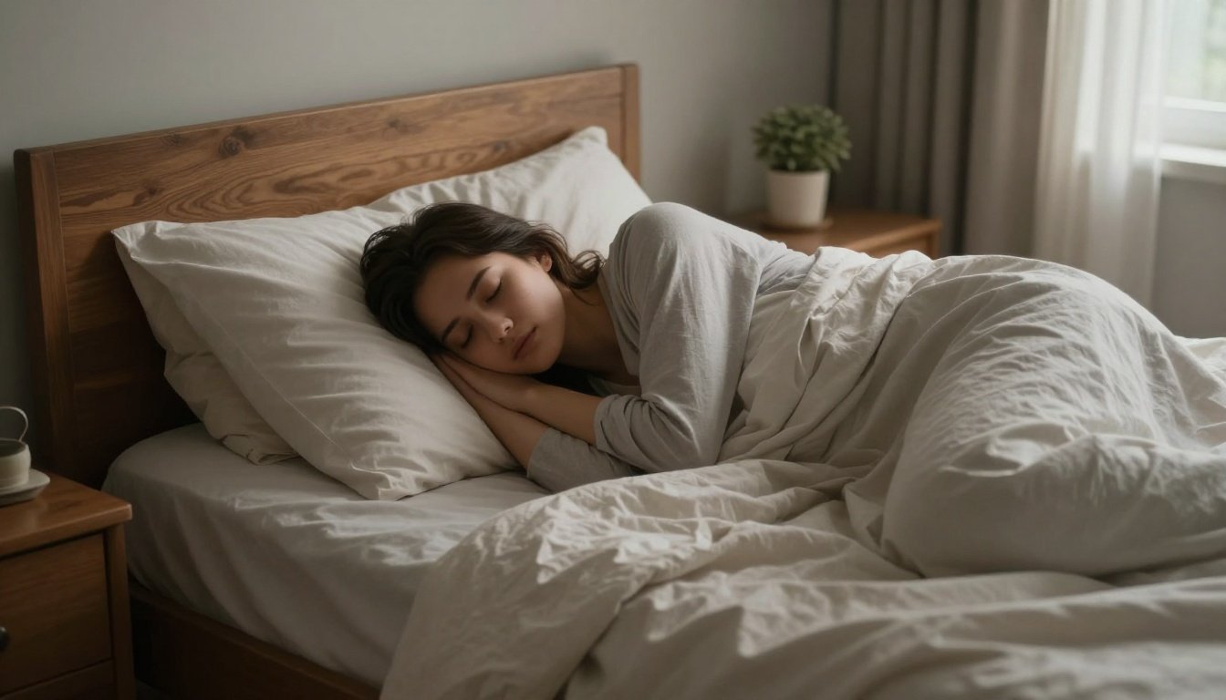 Μια ήρεμη κρεβατοκάμαρα που απεικονίζει τη σημασία της στάσης ύπνου στους εφιάλτες.