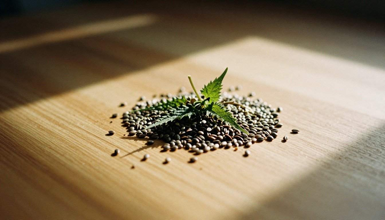 Σπόροι τσουκνίδας — Το φυσικό μυστικό για ενέργεια και τόνωση που ελάχιστοι γνωρίζουν 2 Φρέσκοι σπόροι τσουκνίδας σε ξύλινο τραπέζι