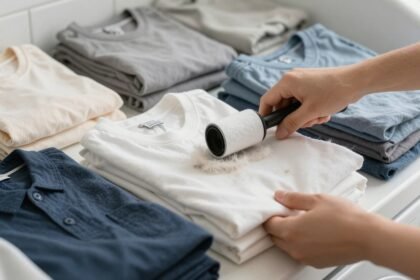 Καθαρά ρούχα χωρίς τρίχες γάτας σε φωτεινό περιβάλλον πλυντηρίου.