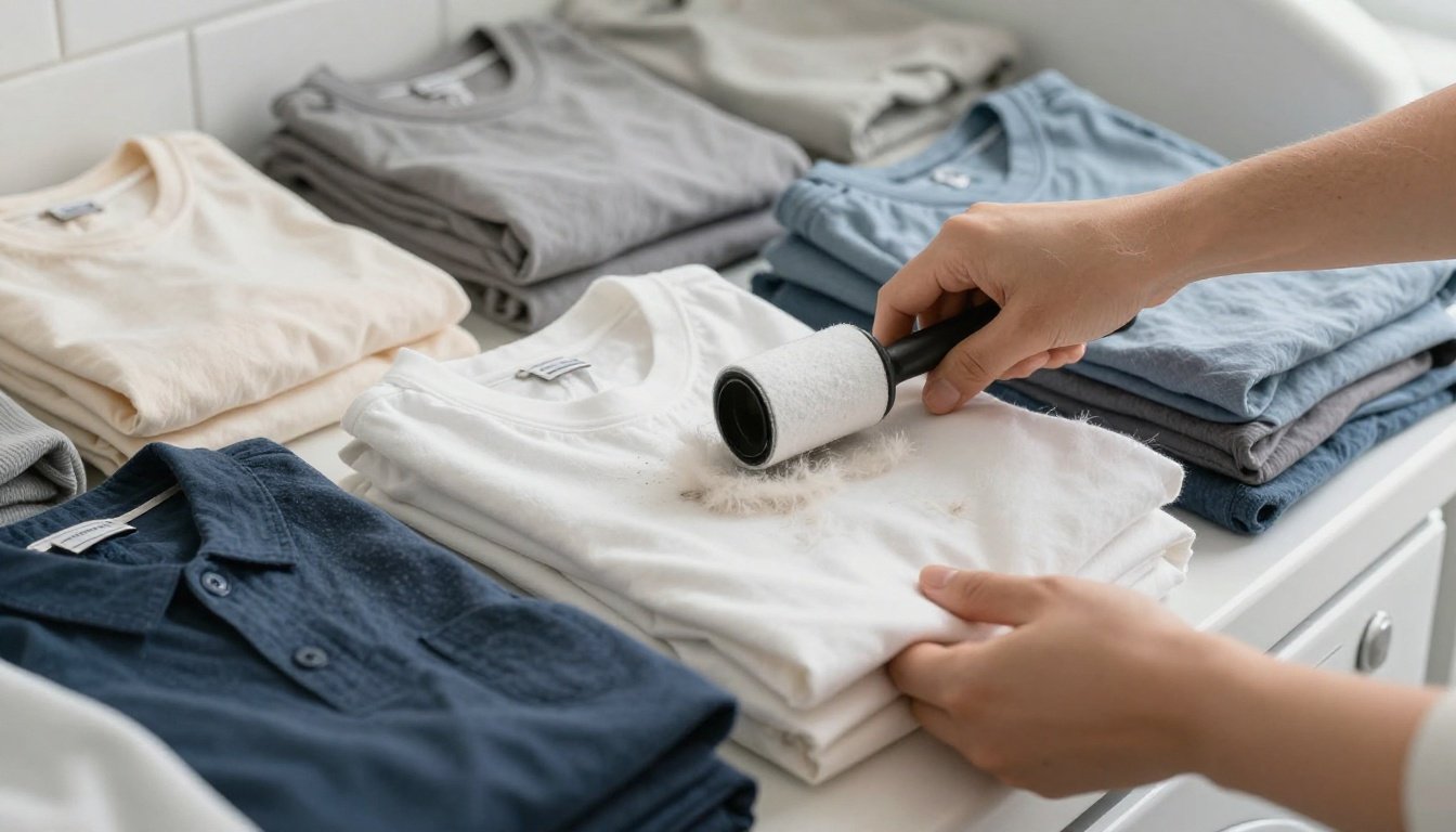 Καθαρά ρούχα χωρίς τρίχες γάτας σε φωτεινό περιβάλλον πλυντηρίου.