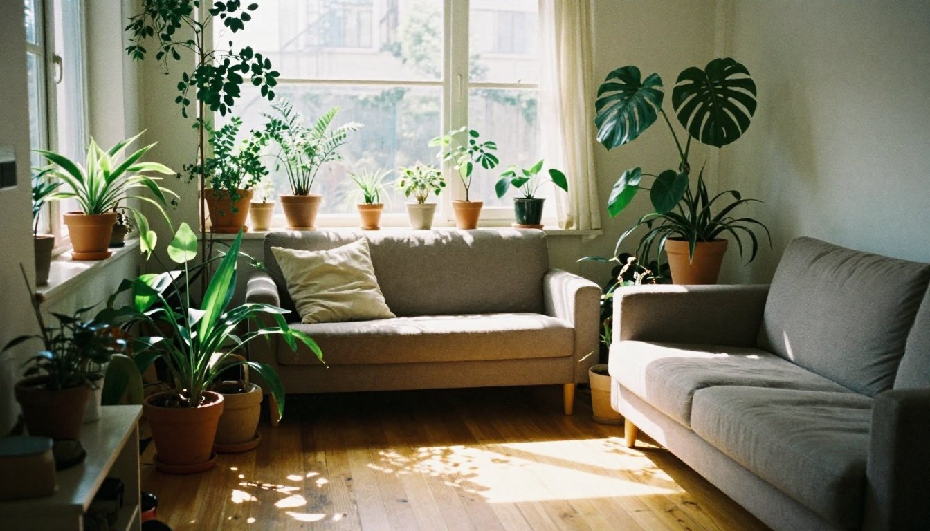 Ένα ζεστό και φωτεινό σαλόνι γεμάτο φυτά