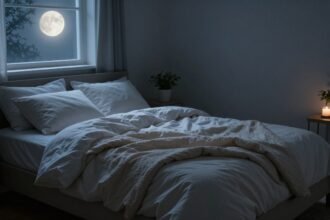 Ηρεμία στη νύχτα σε ένα υπνοδωμάτιο με φεγγαρόφωτο.