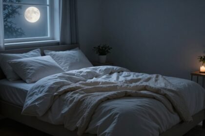 Ηρεμία στη νύχτα σε ένα υπνοδωμάτιο με φεγγαρόφωτο.