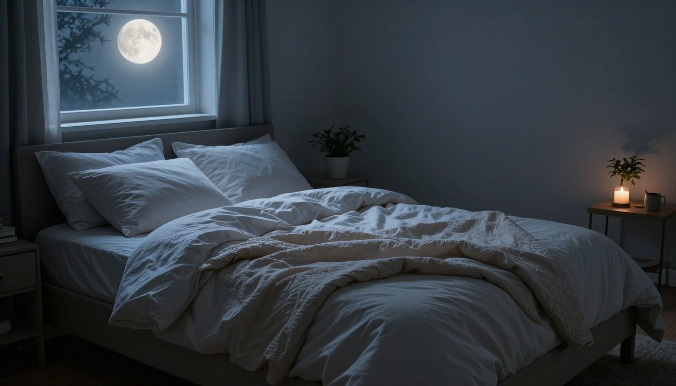 Ηρεμία στη νύχτα σε ένα υπνοδωμάτιο με φεγγαρόφωτο.