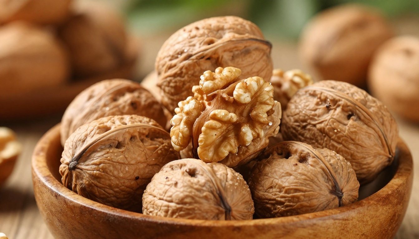 Κοντινή λήψη από καρύδια σε μια ξύλινη μπολ.