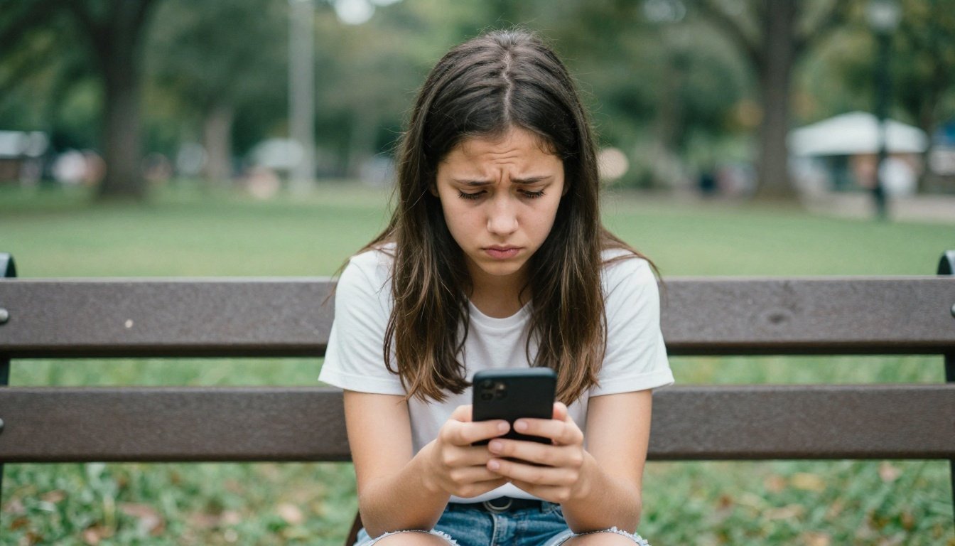 Διατροφικές διαταραχές και τικ έχουν αυξηθεί δραματικά στα έφηβα κορίτσια 2 Μια έφηβη κοπέλα σε μια παγκάκι στο πάρκο με αγχωτική έκφραση