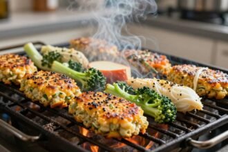 Μπιφτέκια λαχανικών που ψήνονται σε τηγάνι με φρέσκα μυρωδικά.