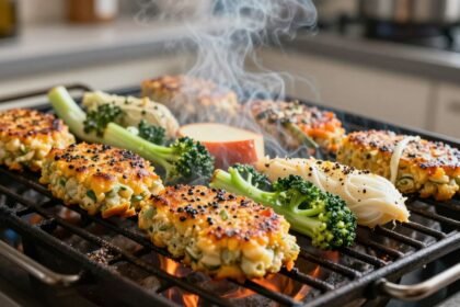 Μπιφτέκια λαχανικών που ψήνονται σε τηγάνι με φρέσκα μυρωδικά.