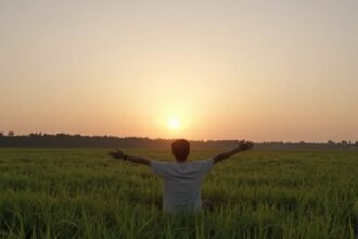 Μια γαλήνια σκηνή που απεικονίζει την ψυχική ευημερία, με έναν ζεστό ήλιο να ανατέλλει πάνω από ένα ήρεμο τοπίο.