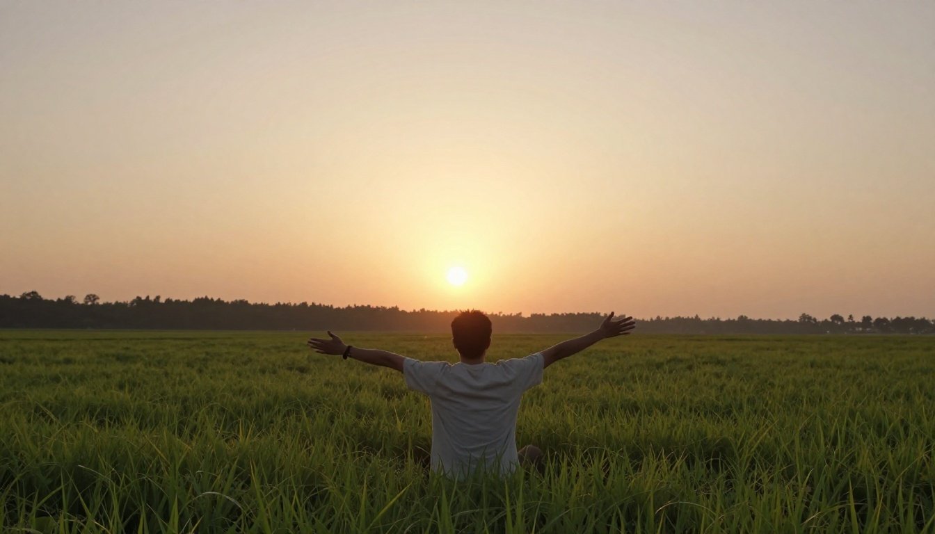 Μια γαλήνια σκηνή που απεικονίζει την ψυχική ευημερία, με έναν ζεστό ήλιο να ανατέλλει πάνω από ένα ήρεμο τοπίο.