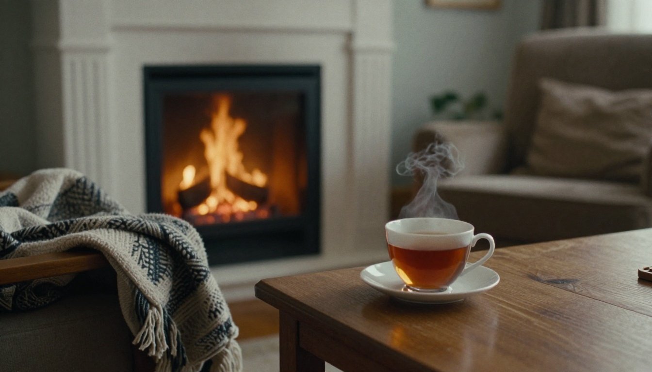 Μια ζεστή και άνετη σαλονοτραπεζαρία με τζάκι που καίει