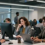 Φουτουριστικό γραφείο με επαγγελματίες που εργάζονται με προηγμένη τεχνολογία.