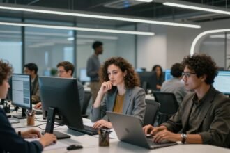 Φουτουριστικό γραφείο με επαγγελματίες που εργάζονται με προηγμένη τεχνολογία.