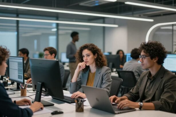 Φουτουριστικό γραφείο με επαγγελματίες που εργάζονται με προηγμένη τεχνολογία.