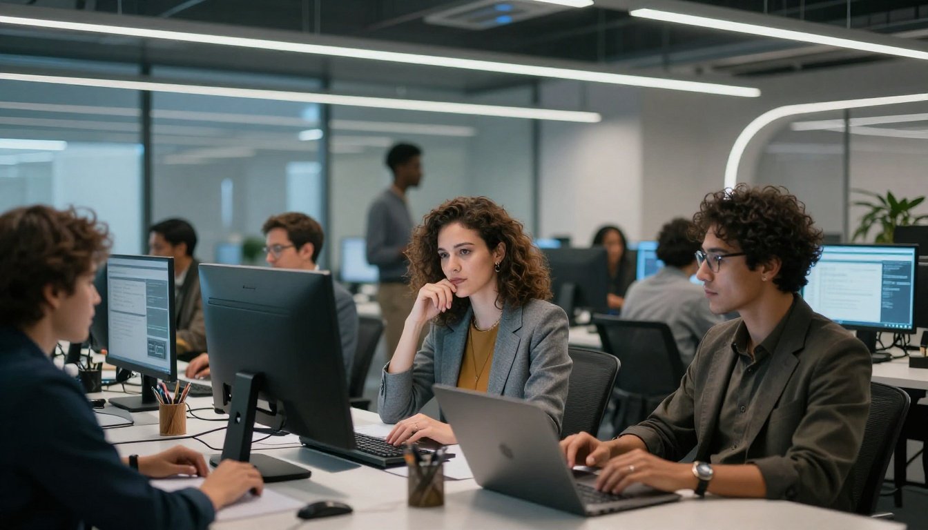 Φουτουριστικό γραφείο με επαγγελματίες που εργάζονται με προηγμένη τεχνολογία.