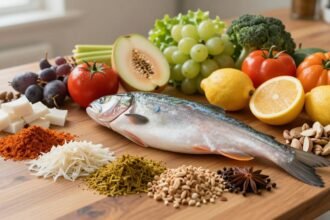 Μία ποικιλία υγιεινών τροφών που προάγουν την ψυχική υγεία και μειώνουν το στρες.