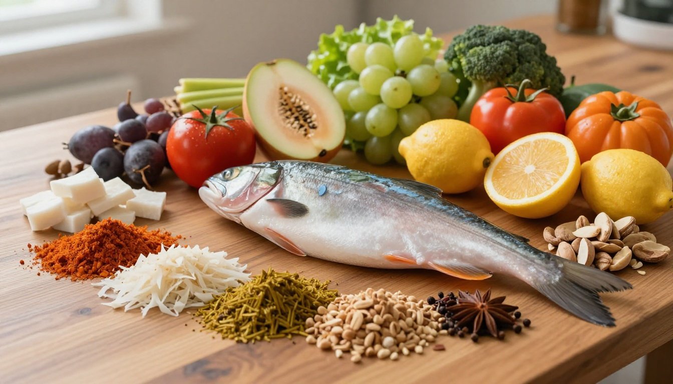 Μία ποικιλία υγιεινών τροφών που προάγουν την ψυχική υγεία και μειώνουν το στρες.