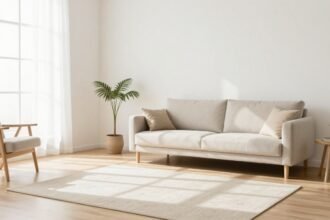 Ευρύχωρο καλλιτεχνικό καθιστικό με μινιμαλιστικά έπιπλα και φυσικό φωτισμό.