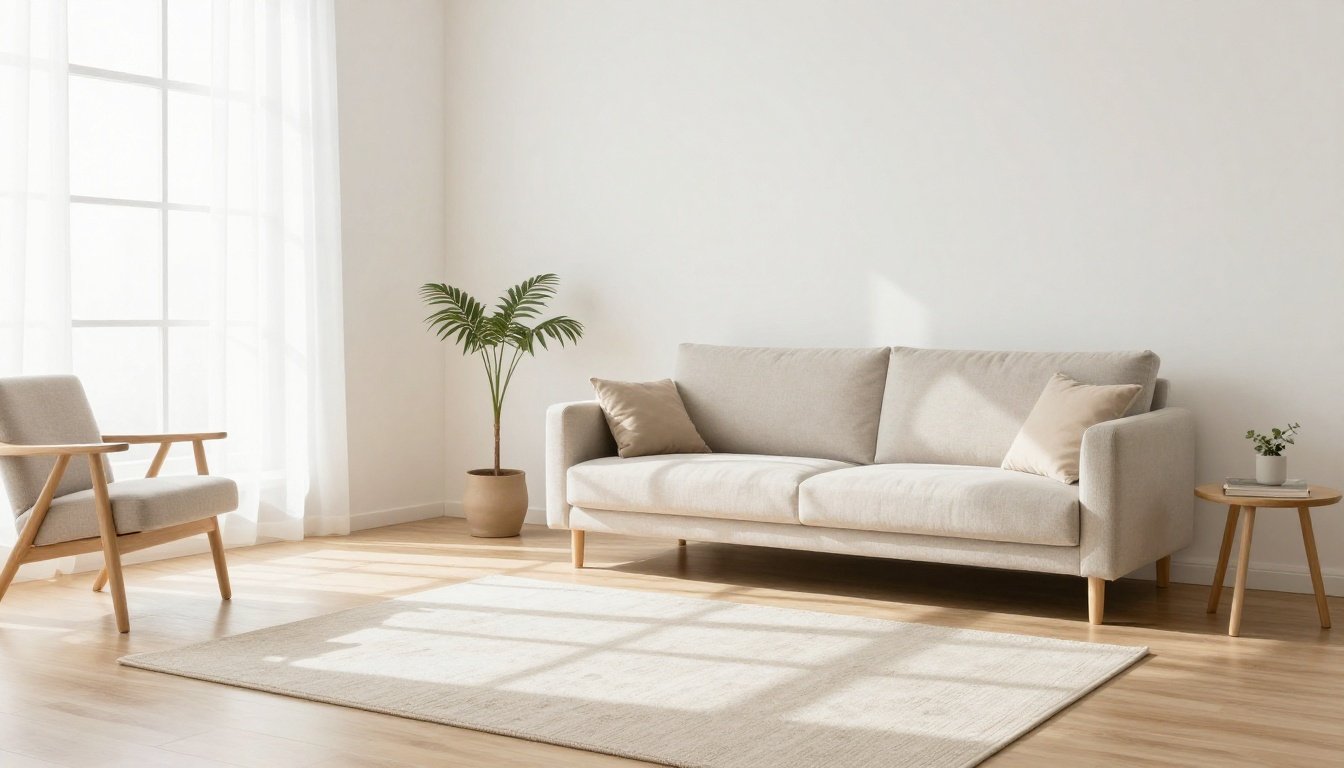 Ευρύχωρο καλλιτεχνικό καθιστικό με μινιμαλιστικά έπιπλα και φυσικό φωτισμό.