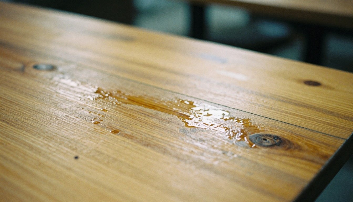 Κοντινή φωτογραφία από ξύλινο τραπέζι με λεκέδες νερού