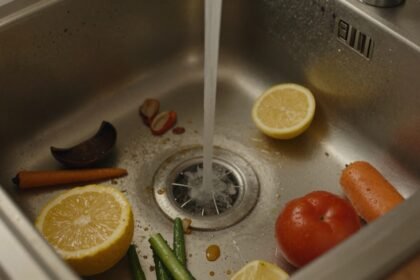 Σκηνή με νεροχύτη γεμάτο υπολείμματα τροφών