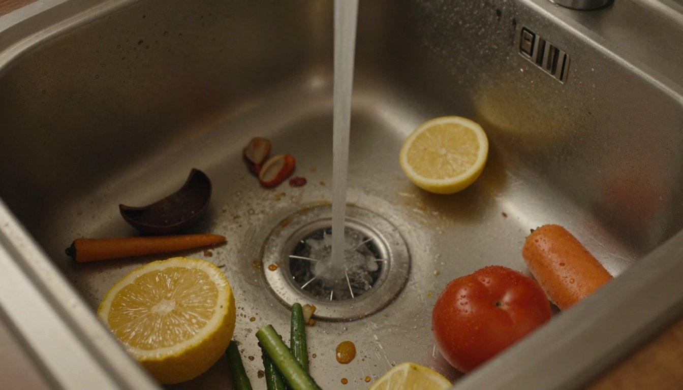 Σκηνή με νεροχύτη γεμάτο υπολείμματα τροφών